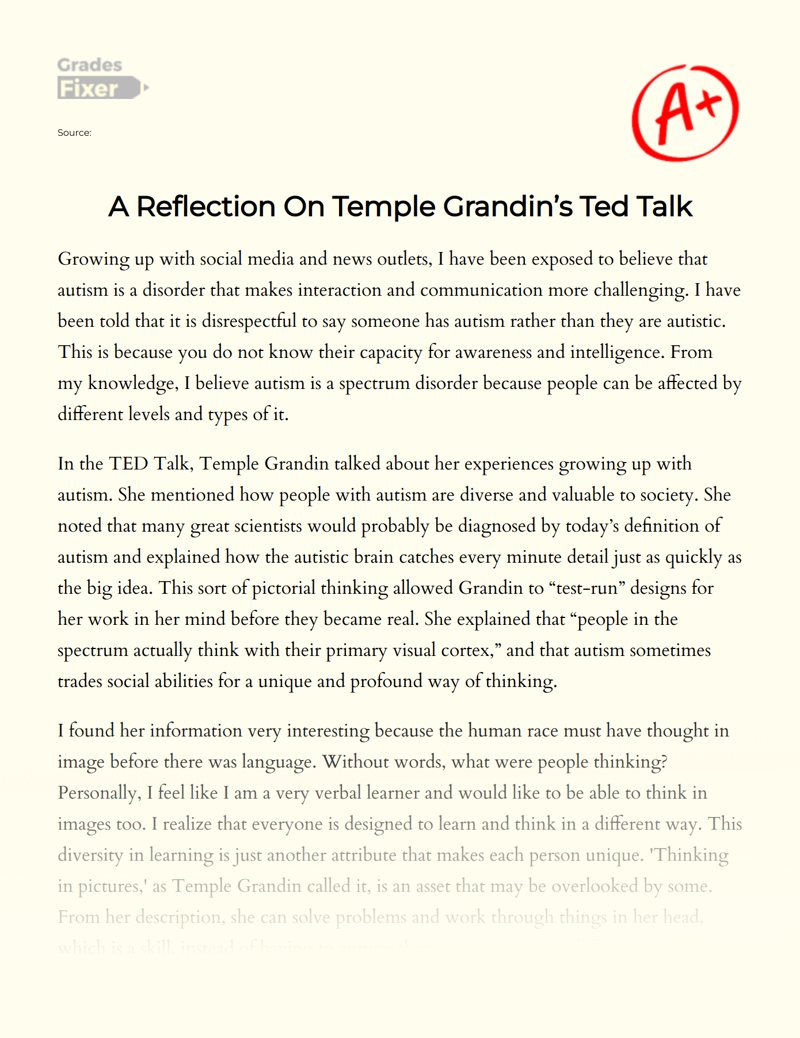 A Reflection on Temple Grandin’s Ted Talk Essay