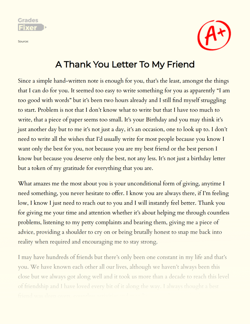 A Thank You Letter to My Friend Essay