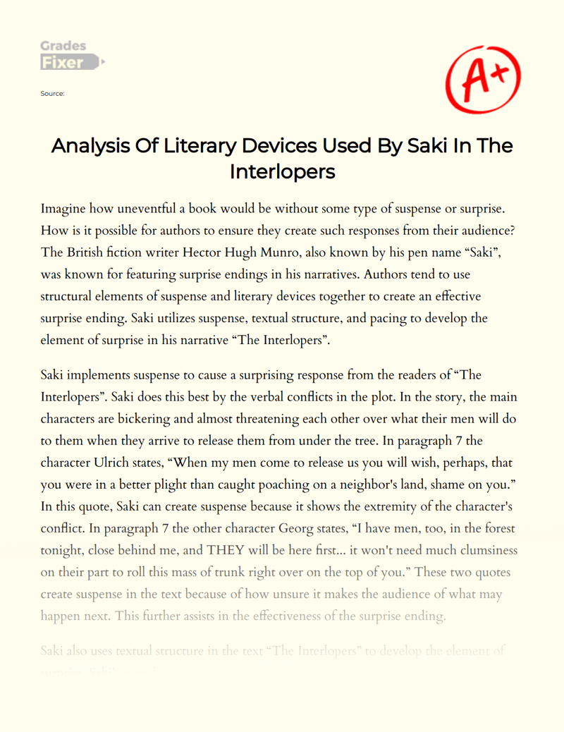 Analysis of Literary Devices Used by Saki in The Interlopers Essay