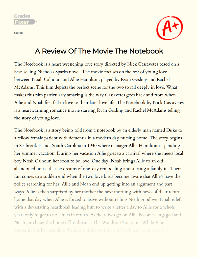 "The Notebook": Movie Review and Analysis Essay
