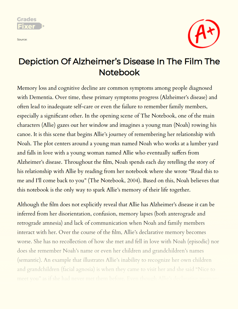 Depiction of Alzheimer’s Disease in The Film The Notebook Essay