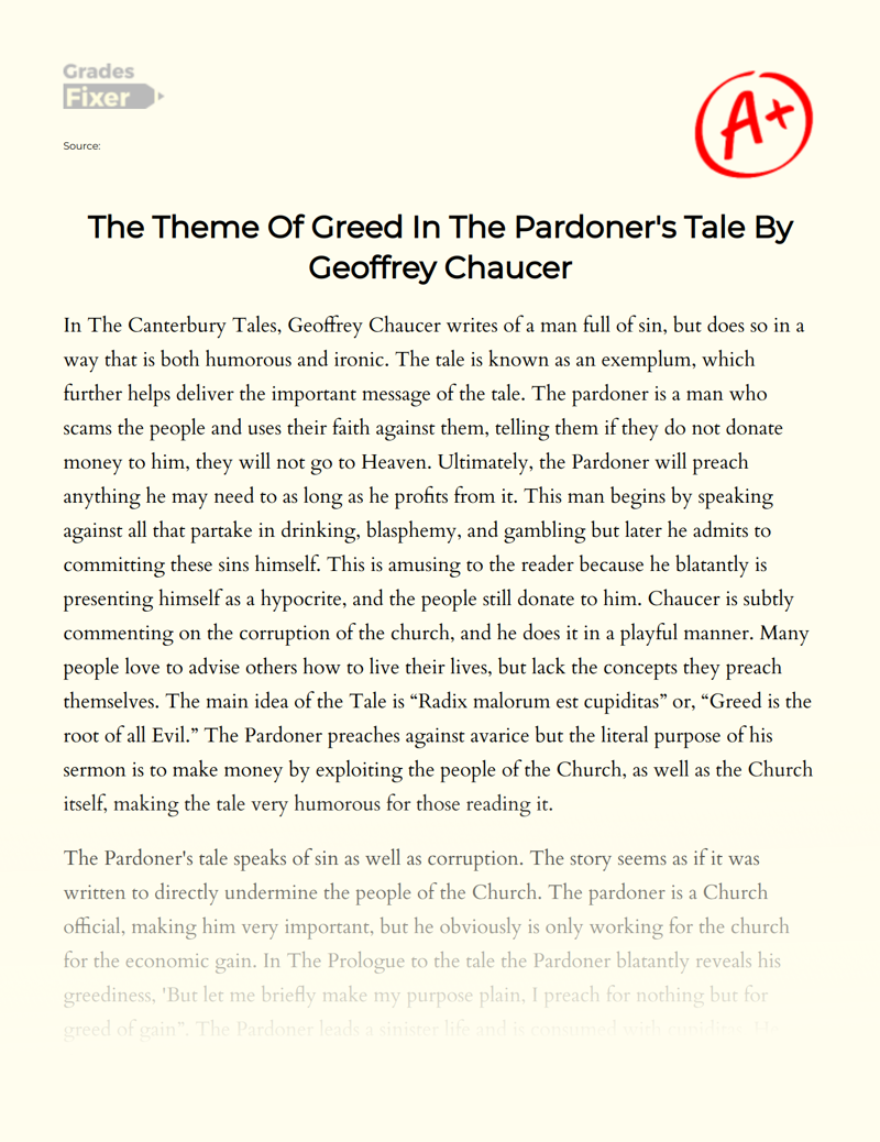 The Theme of Greed in The Pardoner's Tale by Geoffrey Chaucer Essay