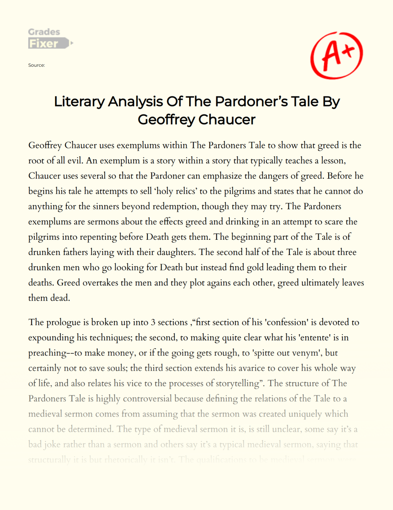 Literary Analysis of The Pardoner’s Tale by Geoffrey Chaucer Essay