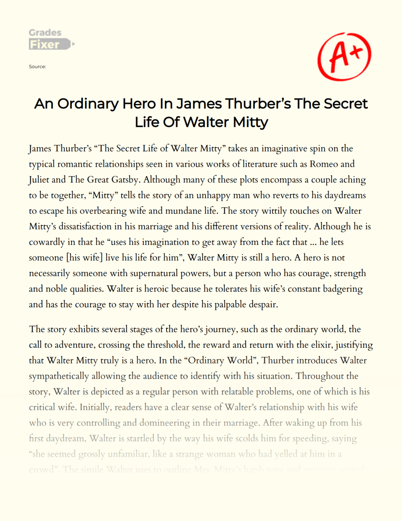 An Ordinary Hero in James Thurber’s The Secret Life of Walter Mitty Essay