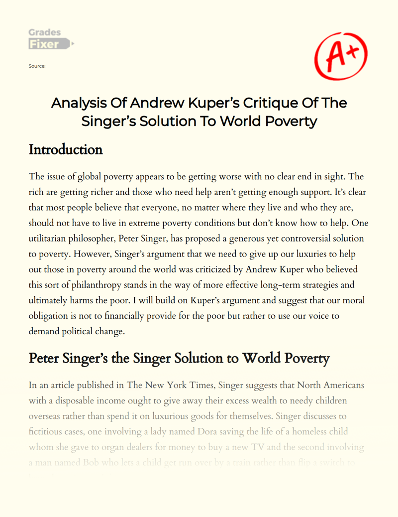 Analysis of Andrew Kuper’s Critique of The Singer’s Solution to World Poverty Essay