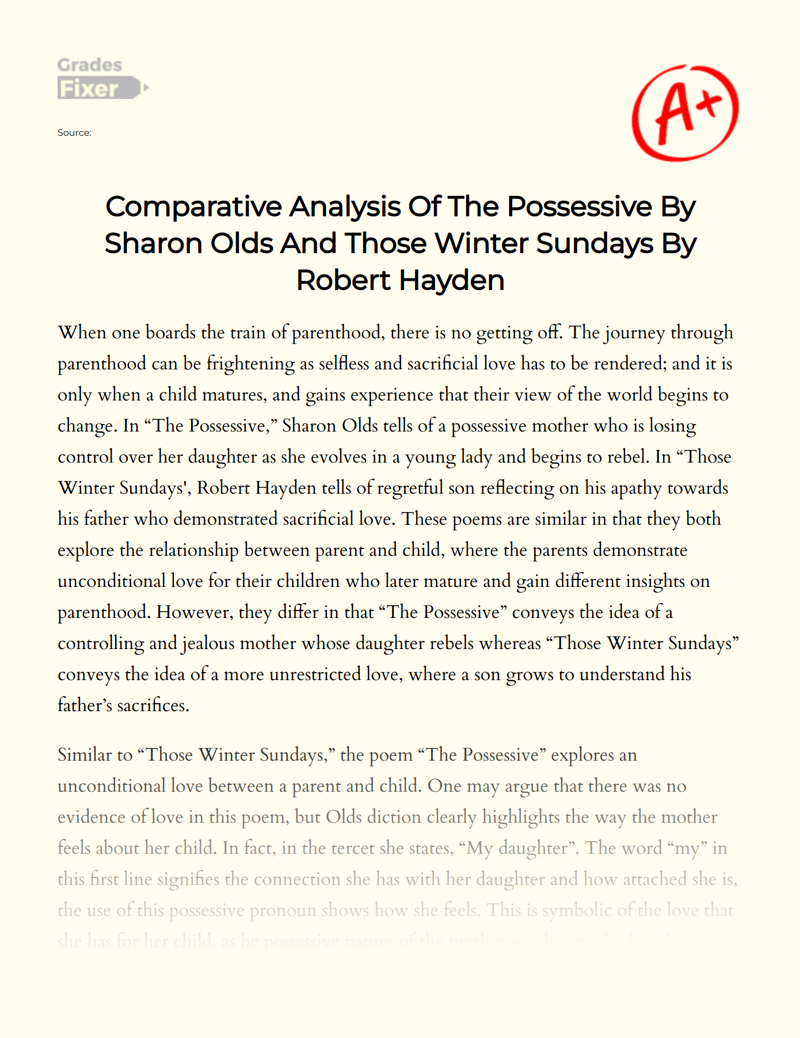 Comparative Analysis of The Possessive by Sharon Olds and Those Winter Sundays by Robert Hayden Essay