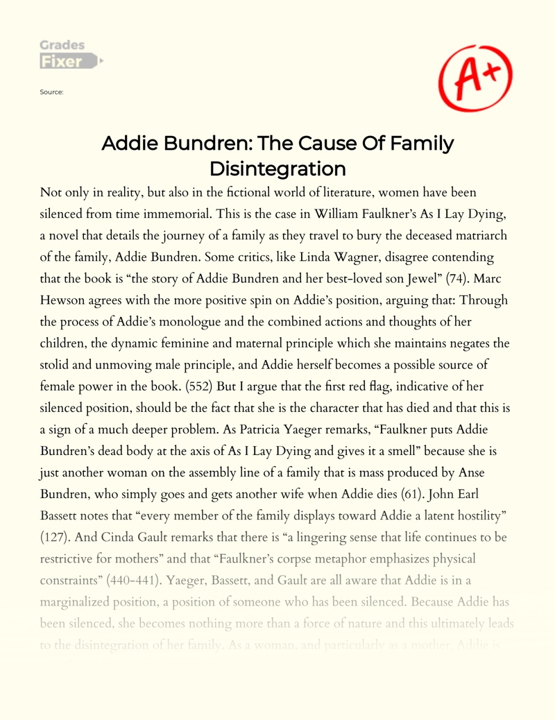 Addie Bundren: The Cause of Family Disintegration in as I Lay Dying Essay