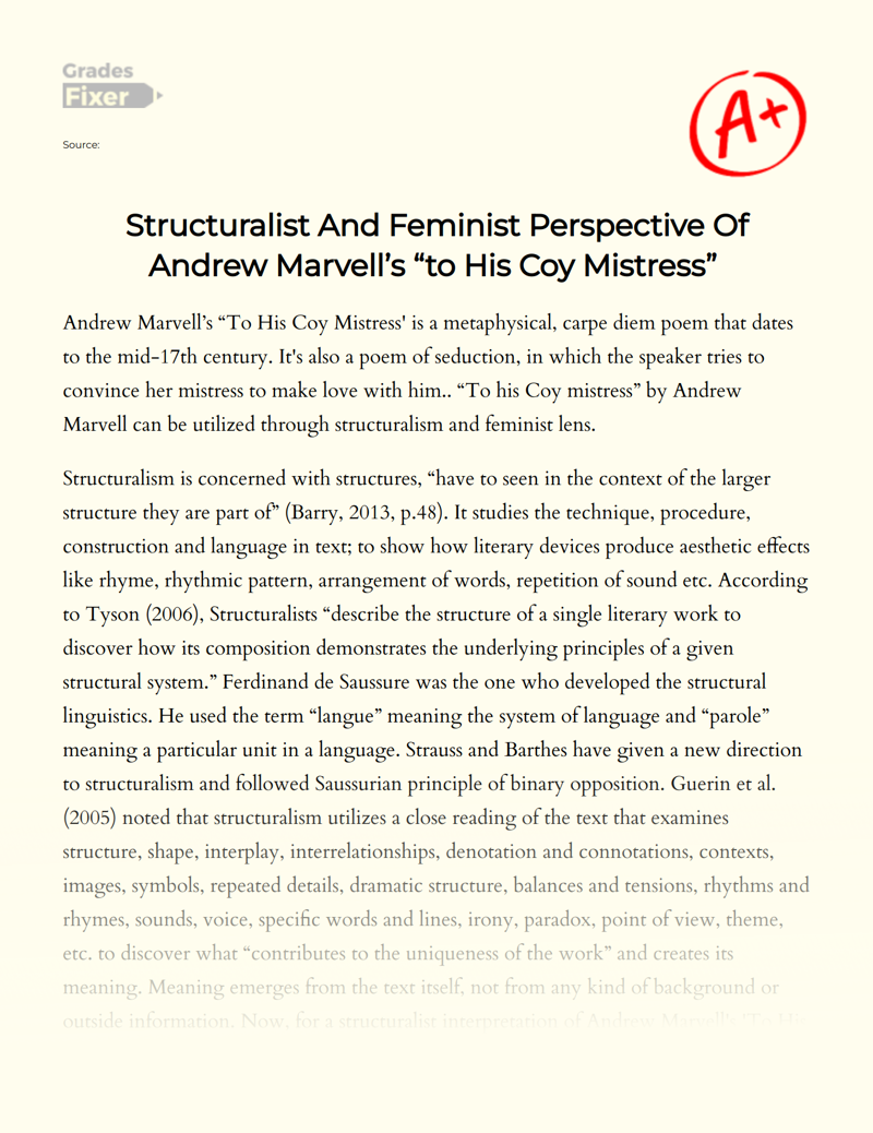 Structuralist and Feminist Perspective of Andrew Marvell’s "To His Coy Mistress"  Essay