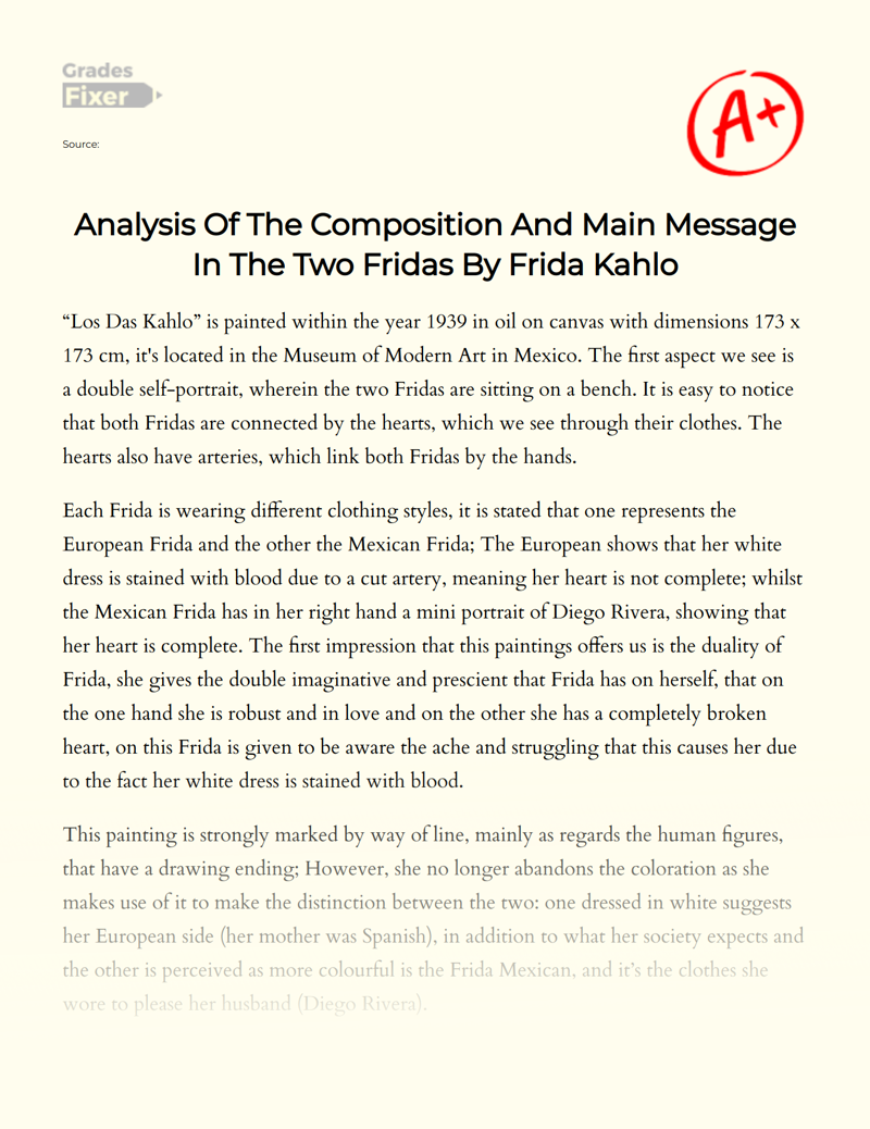 Analysis of The Composition and Main Message in The Two Fridas by Frida Kahlo Essay