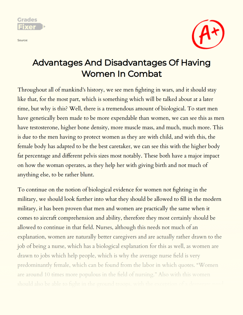 Why Females Should not Be Allowed in Combat Essay
