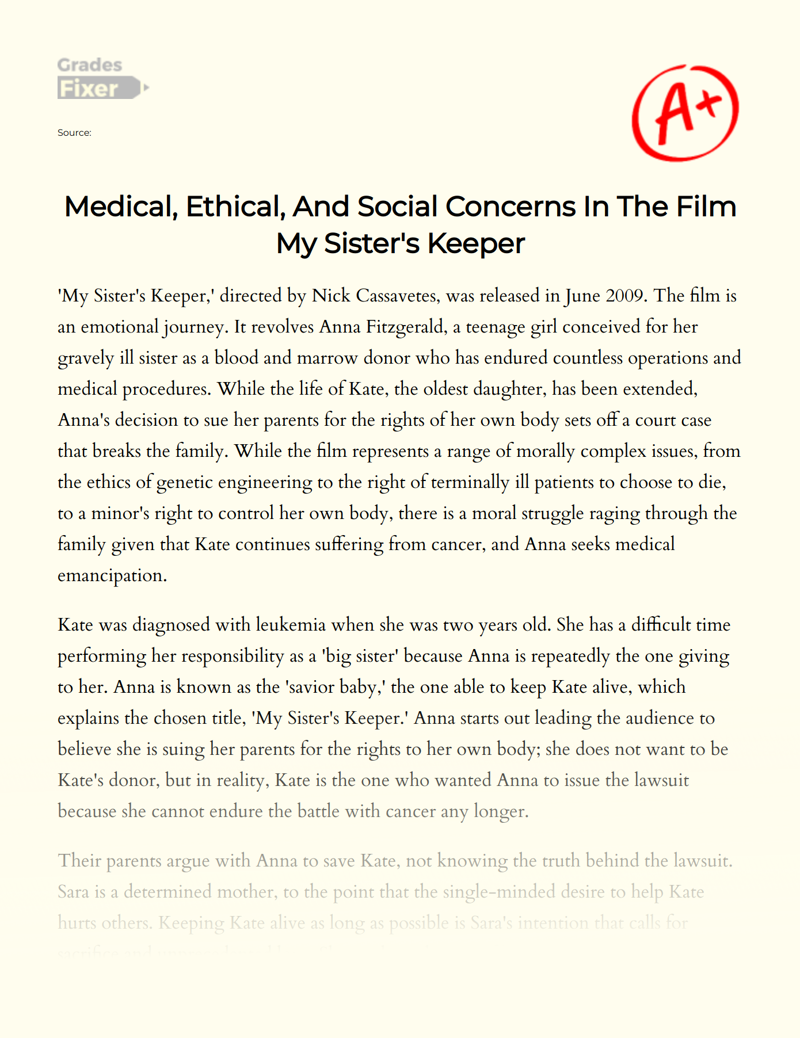Analysis of Moral Issues in The Film My Sister's Keeper Essay