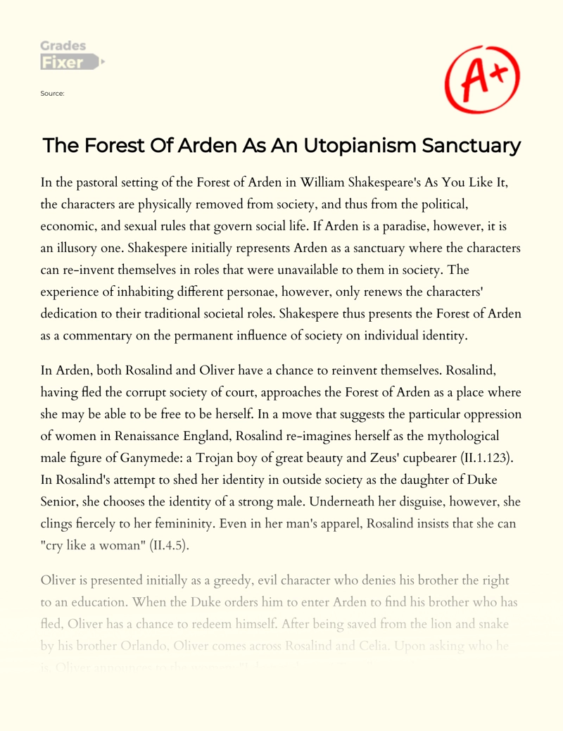The Forest of Arden as an Utopianism Sanctuary in as You Like It Essay