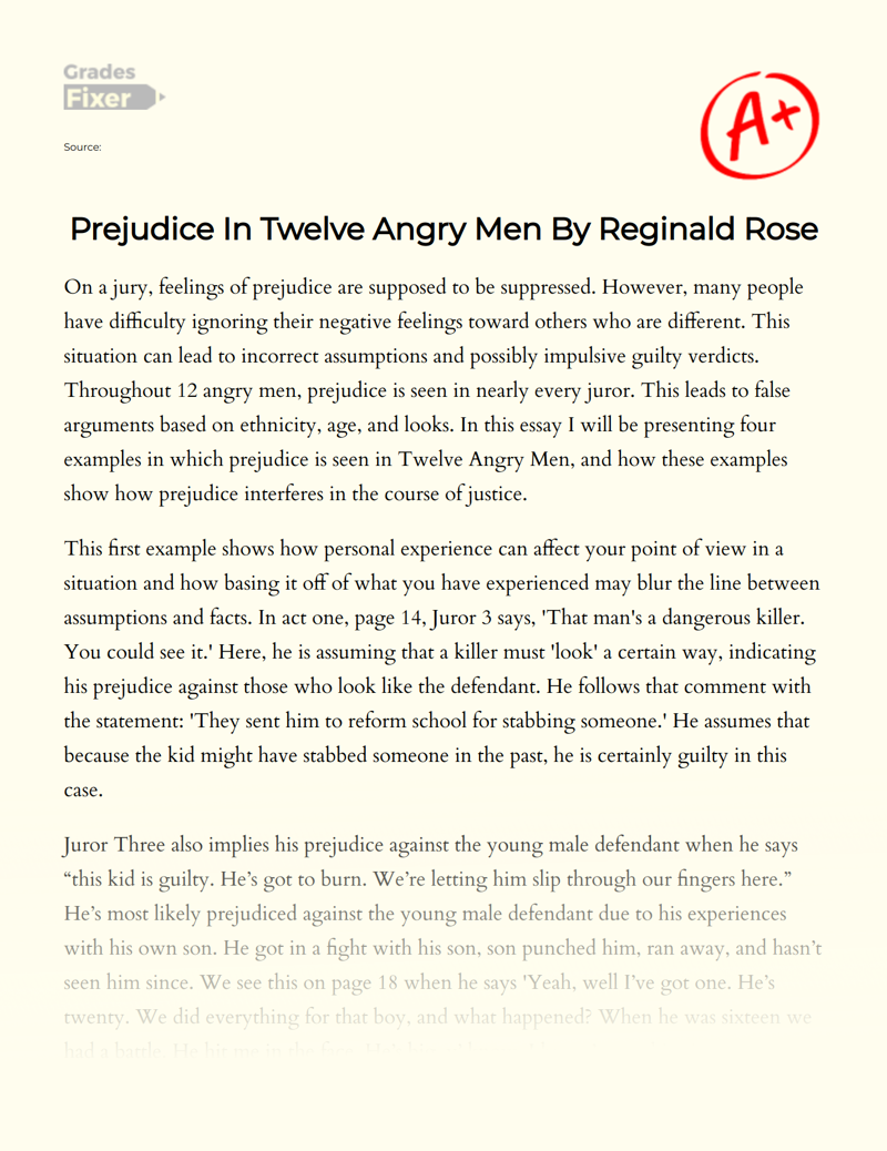 Prejudice in Twelve Angry Men by Reginald Rose Essay