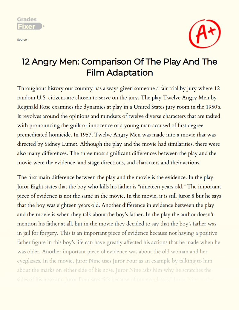 12 Angry Men: Comparison of The Play and The Film Adaptation Essay