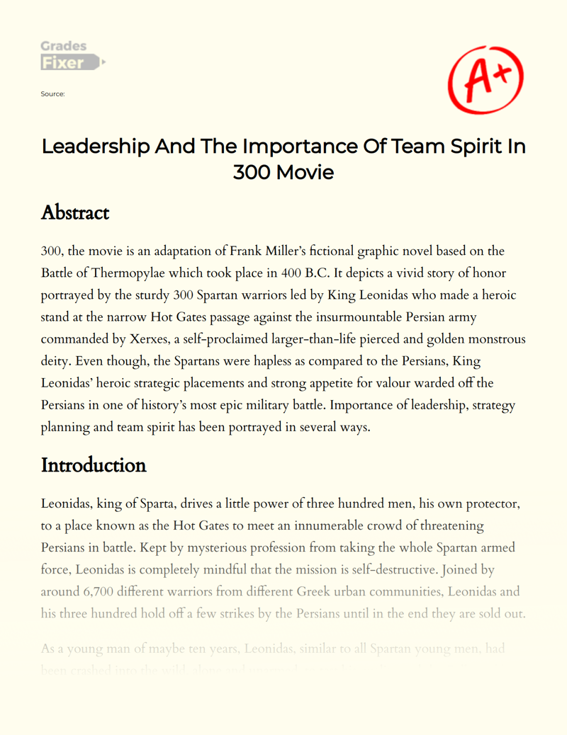 Leadership and The Importance of Team Spirit in 300 Movie Essay