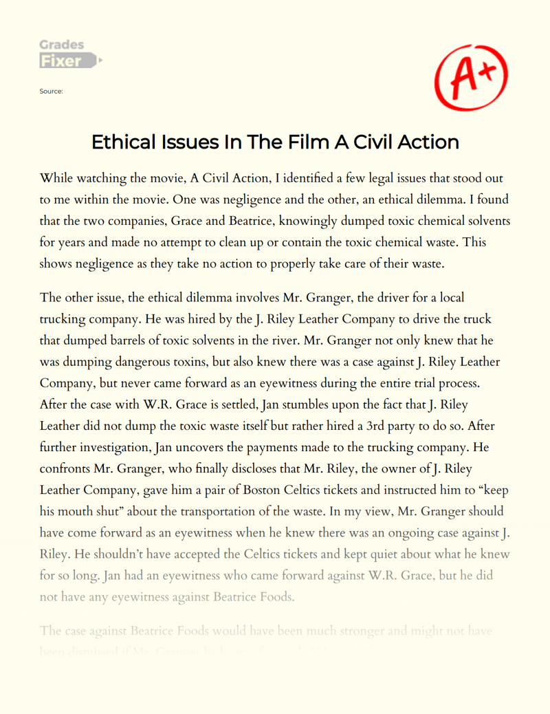 Ethical Issues in The Film a Civil Action Essay