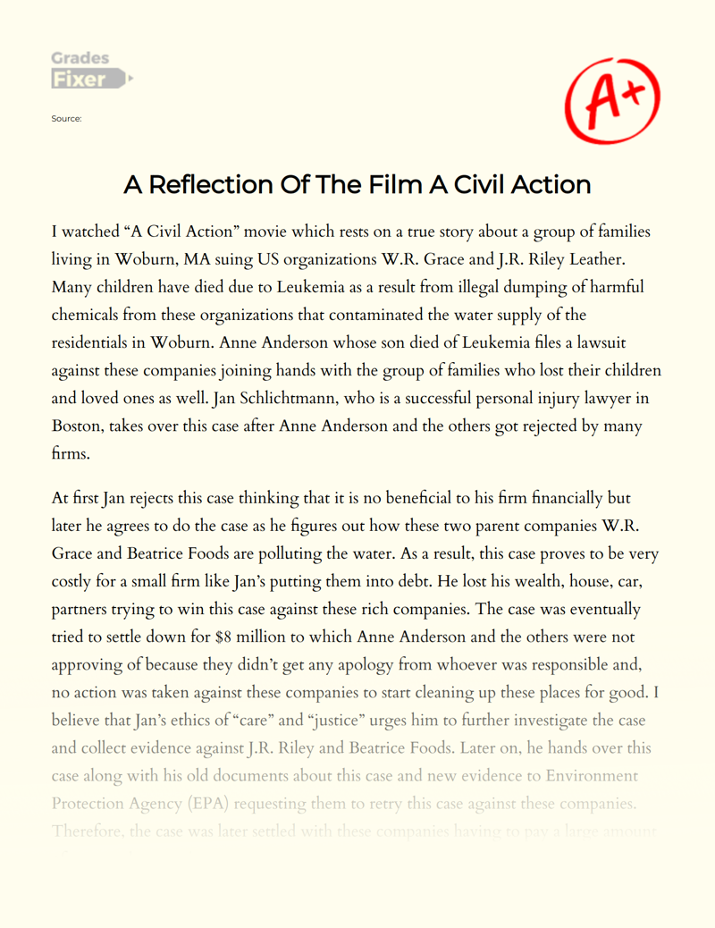 A Reflection of The Film a Civil Action Essay