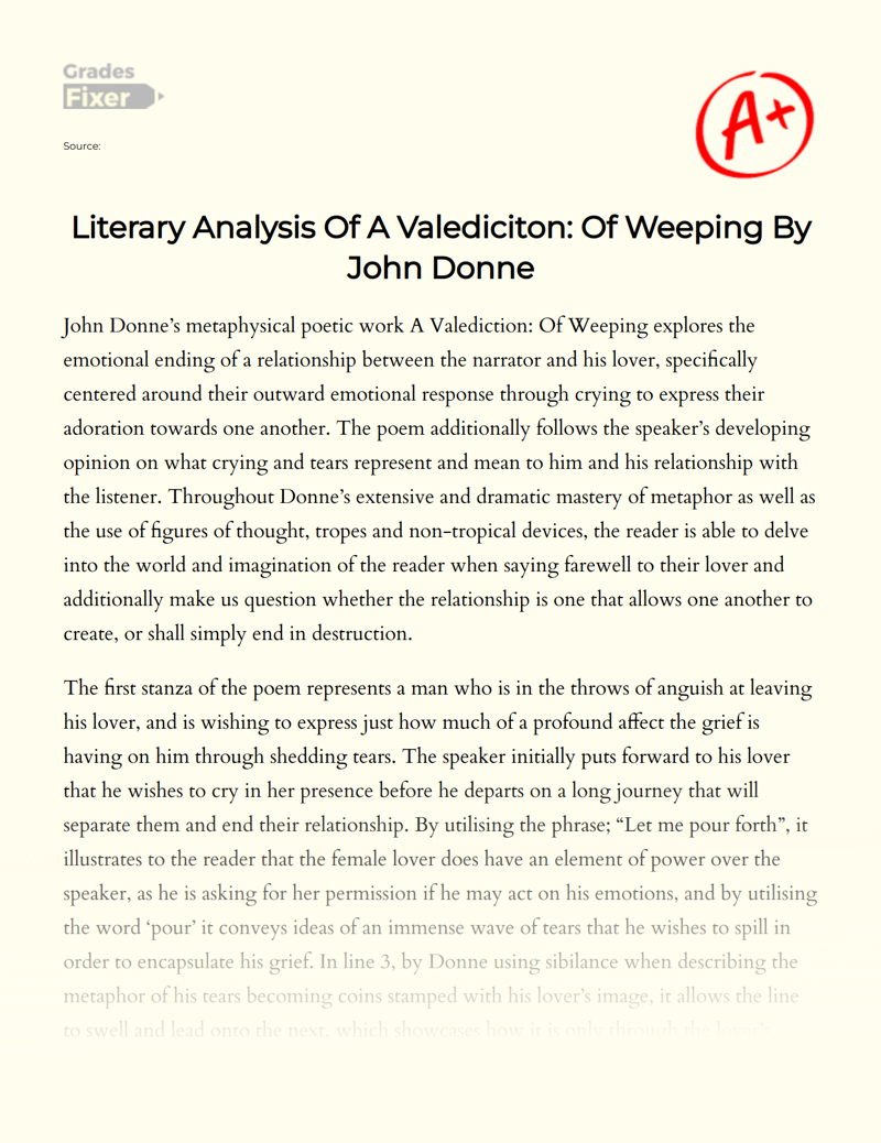 Literary Analysis of a Valediciton: of Weeping by John Donne Essay