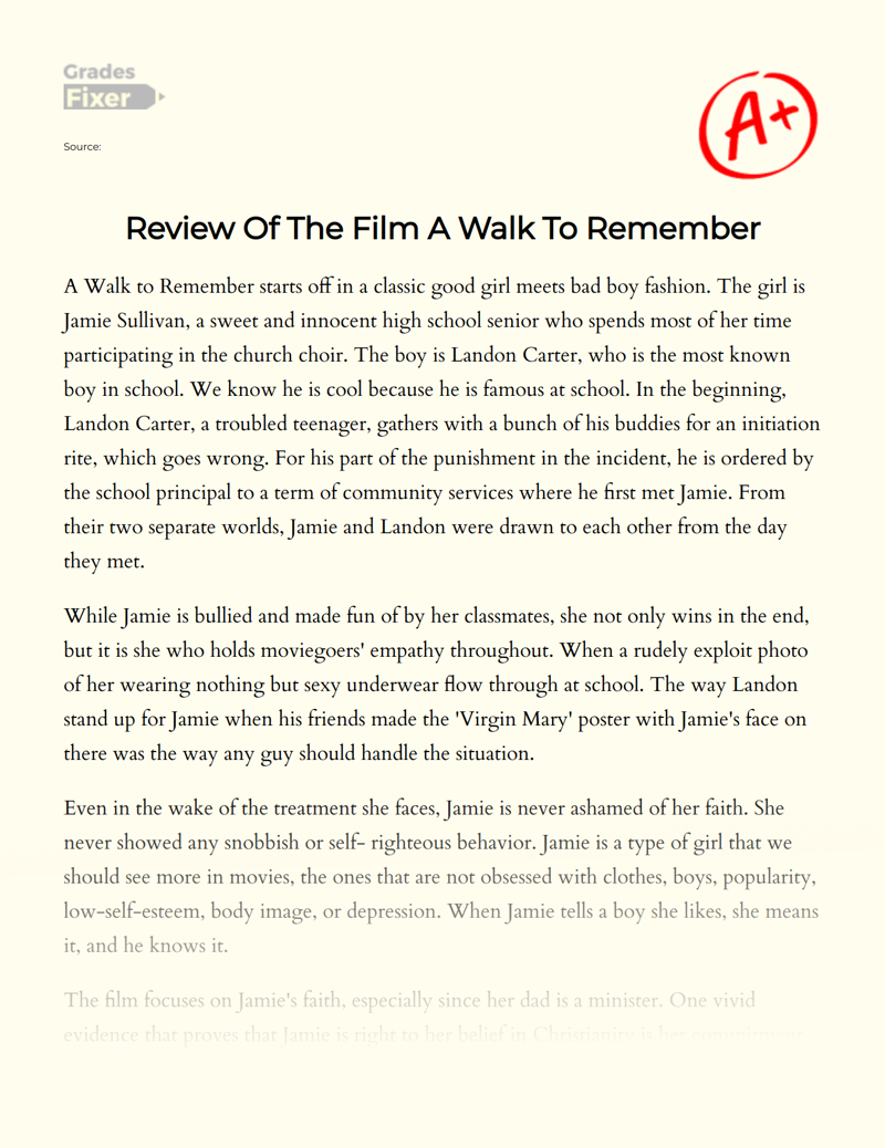 Review of The Film a Walk to Remember Essay