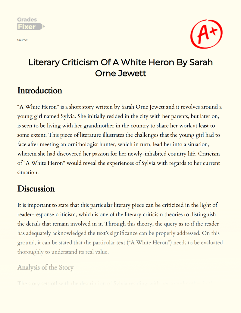 Literary Criticism of a White Heron by Sarah Orne Jewett Essay