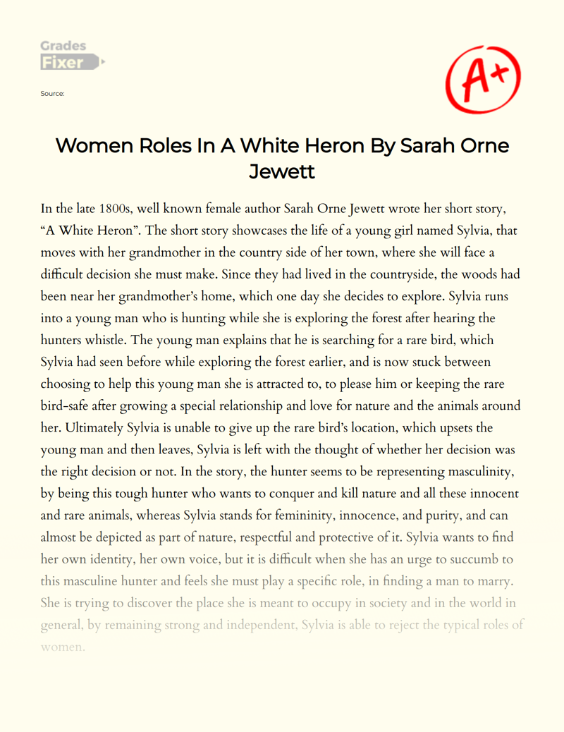 Women Roles in a White Heron by Sarah Orne Jewett Essay