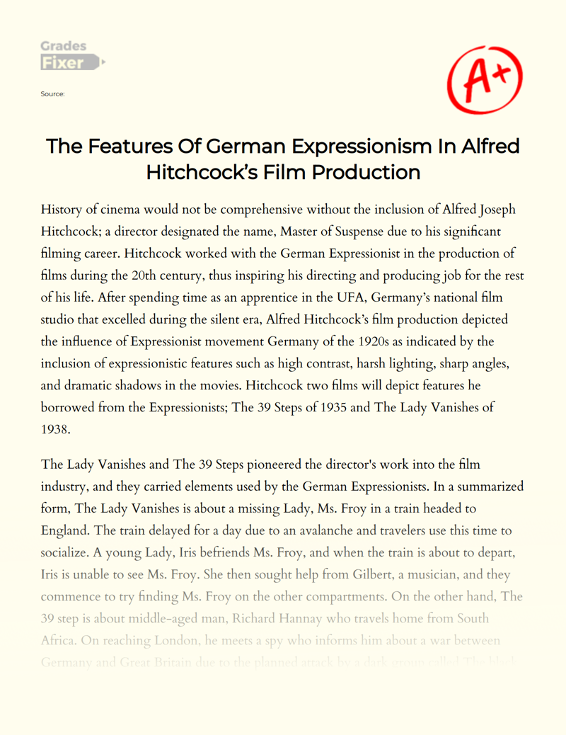 The Features of German Expressionism in Alfred Hitchcock’s Film Production Essay