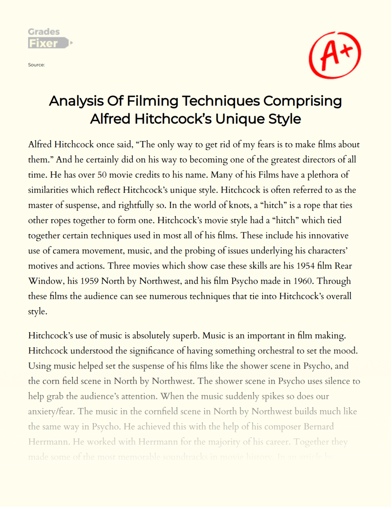 Analysis of Filming Techniques Comprising Alfred Hitchcock’s Unique Style Essay