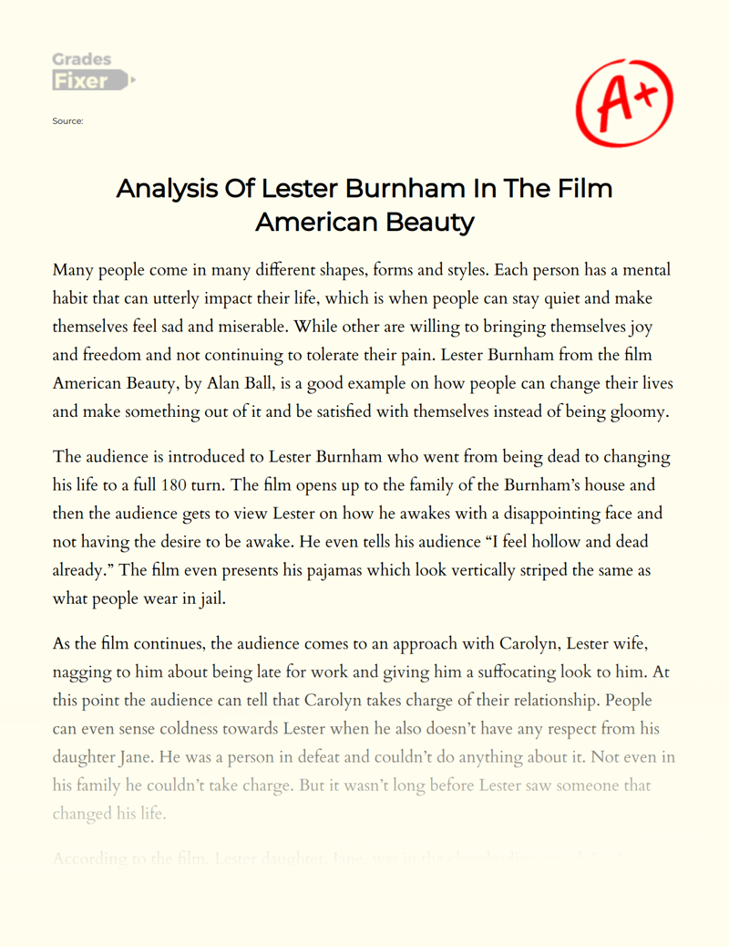 Analysis of Lester Burnham in The Film American Beauty Essay