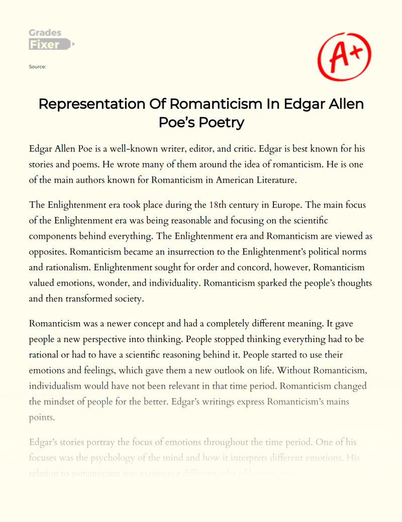 Representation of Romanticism in Edgar Allen Poe’s Poetry Essay