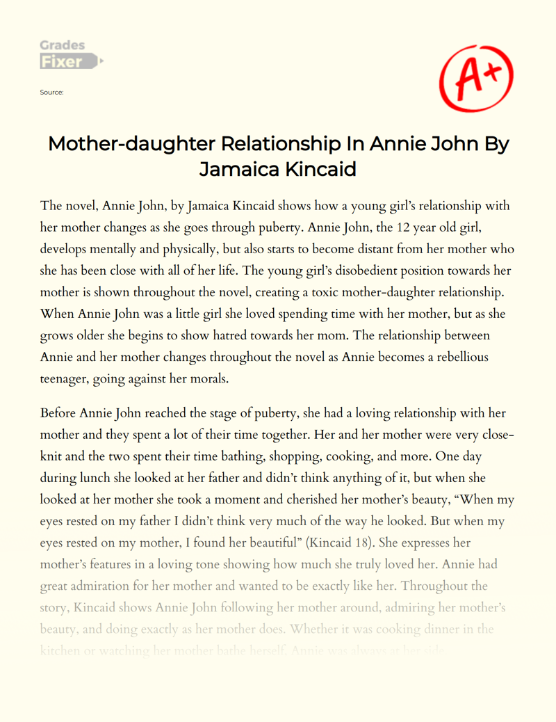 Mother-daughter Relationship in Annie John by Jamaica Kincaid Essay