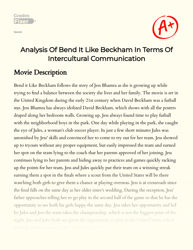 Analysis of Bend It Like Beckham in Terms of Intercultural Communication Essay
