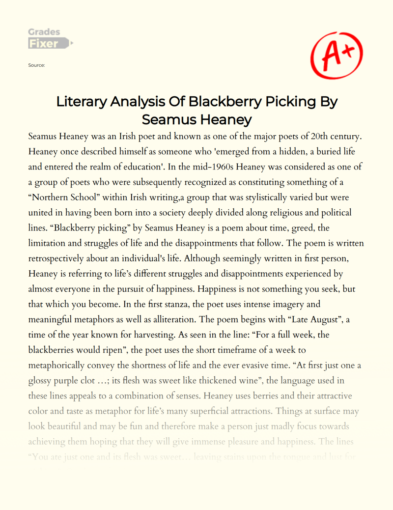 Literary Analysis of Blackberry Picking by Seamus Heaney Essay