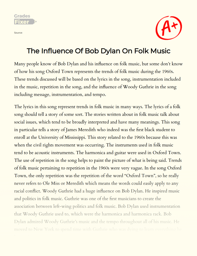 The Influence of Bob Dylan on Folk Music Essay