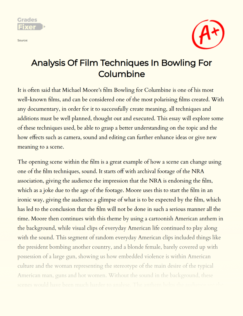 Analysis of Film Techniques in Bowling for Columbine Essay