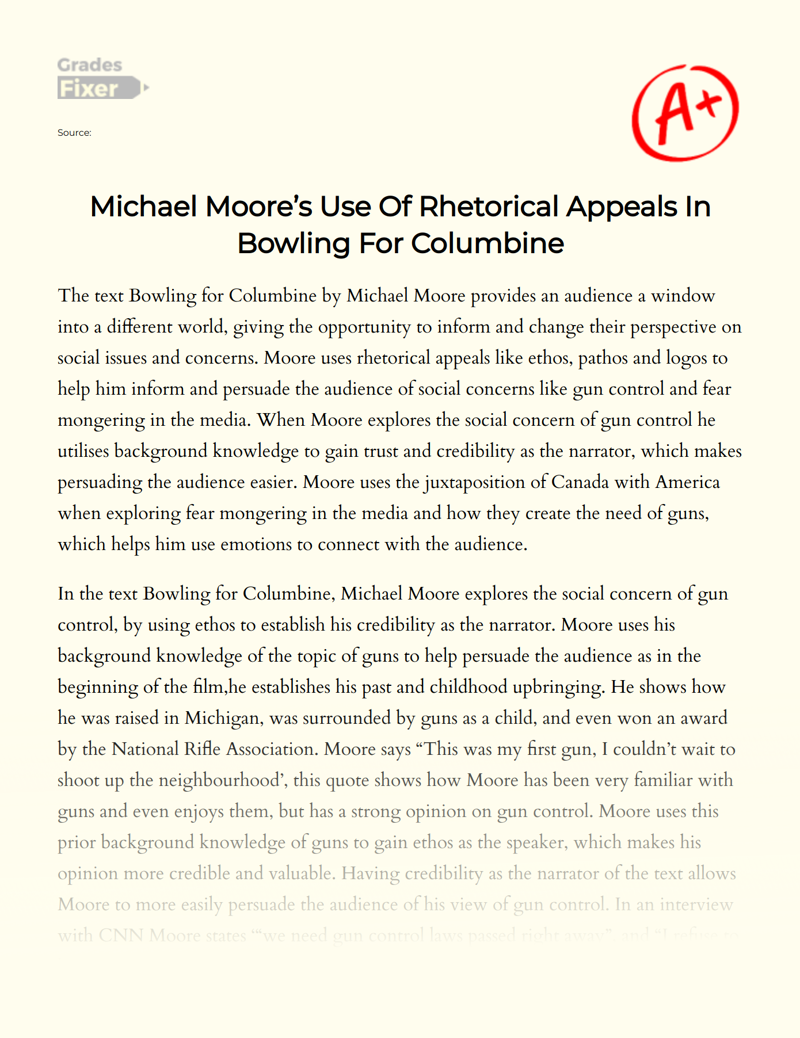 Michael Moore’s Use of Rhetorical Appeals in Bowling for Columbine Essay