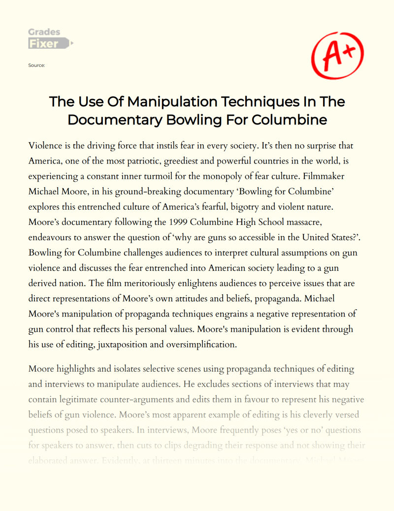 The Use of Manipulation Techniques in The Documentary Bowling for Columbine Essay