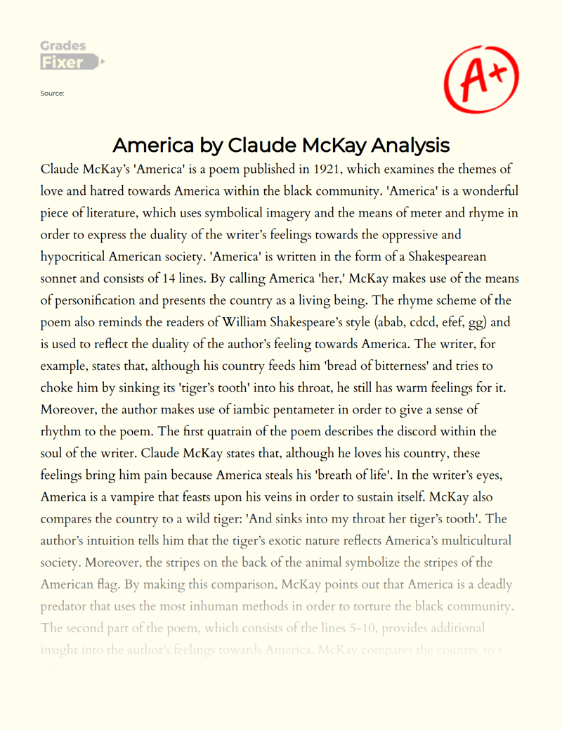 America by Claude Mckay Analysis Essay
