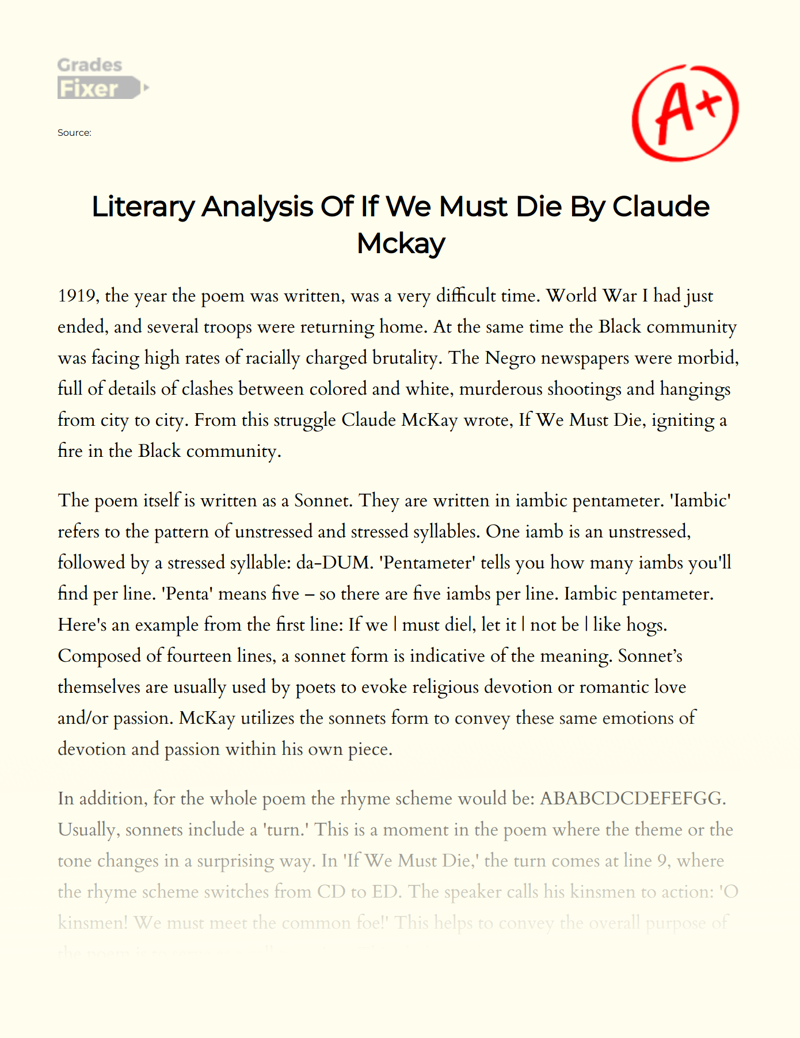 Literary Analysis of if We Must Die by Claude Mckay Essay