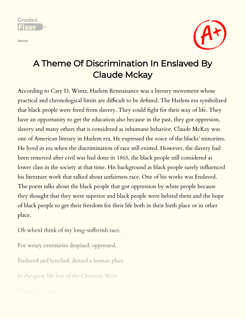 A Theme of Discrimination in Enslaved by Claude Mckay Essay
