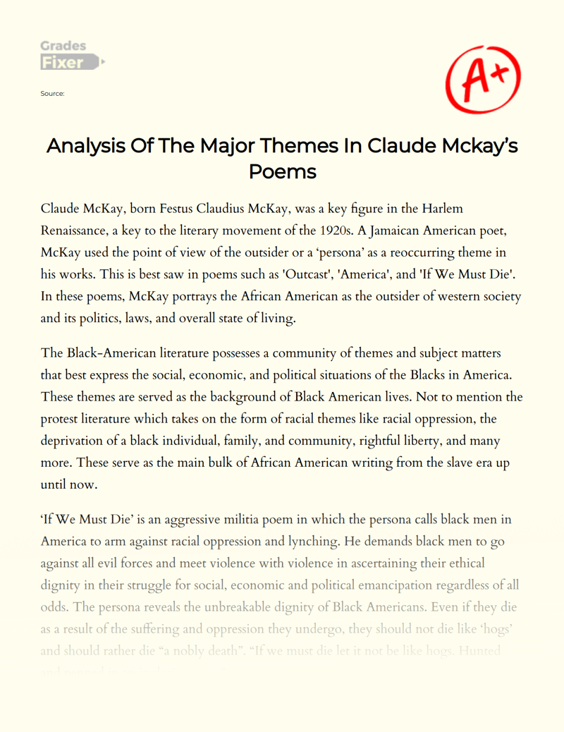 Analysis of The Major Themes in Claude Mckay’s Poems Essay