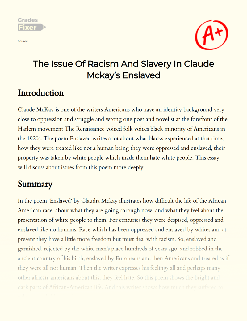 The Issue of Racism and Slavery in Claude Mckay’s Enslaved Essay