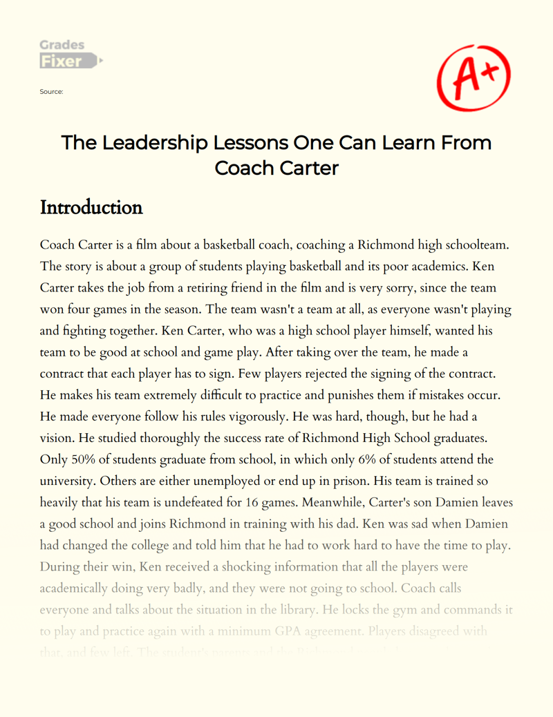 The Leadership Lessons One Can Learn from Coach Carter Essay