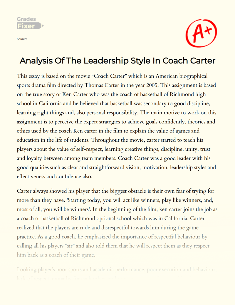 Analysis Of The Leadership Style In Coach Carter: [Essay Example], 2052  words GradesFixer