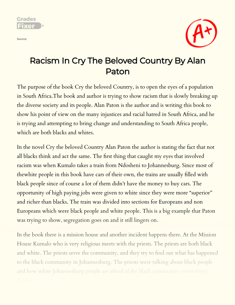 Racism in Cry The Beloved Country by Alan Paton Essay