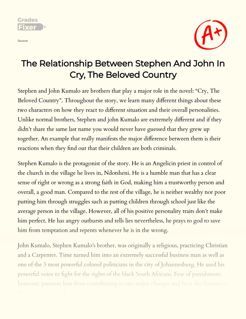The Relationship Between Stephen and John in Cry, The Beloved Country Essay