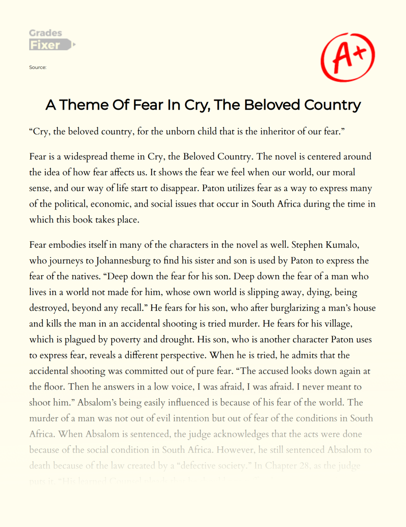 A Theme of Fear in Cry, The Beloved Country Essay