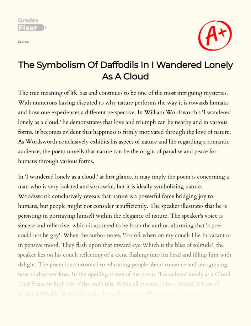 The Symbolism of Daffodils in I Wandered Lonely as a Cloud Essay