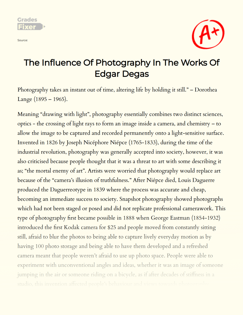 The Influence of Photography in The Works of Edgar Degas Essay