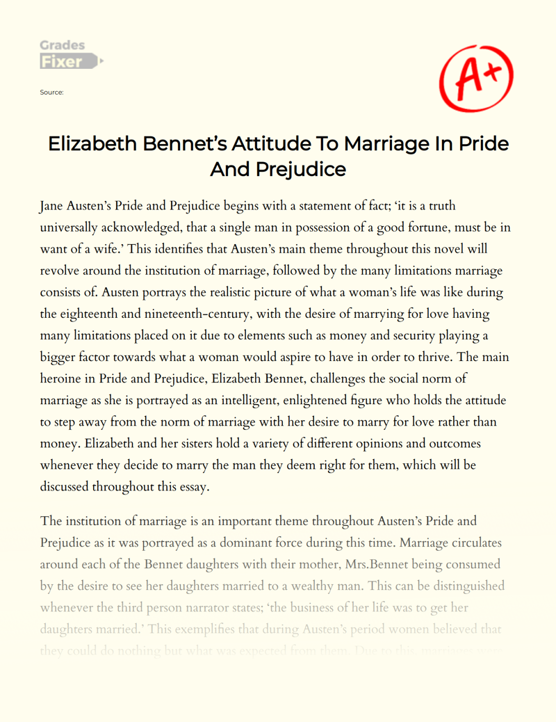 Elizabeth Bennet’s Attitude to Marriage in Pride and Prejudice Essay