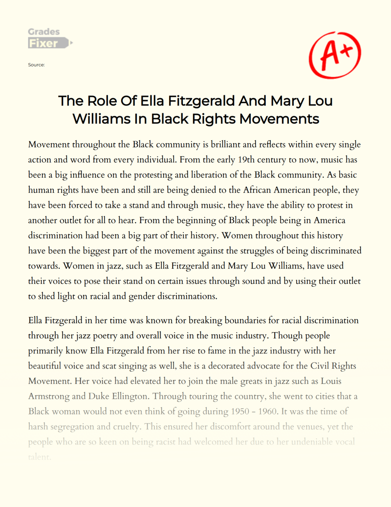 The Role of Ella Fitzgerald and Mary Lou Williams in Black Rights Movements Essay